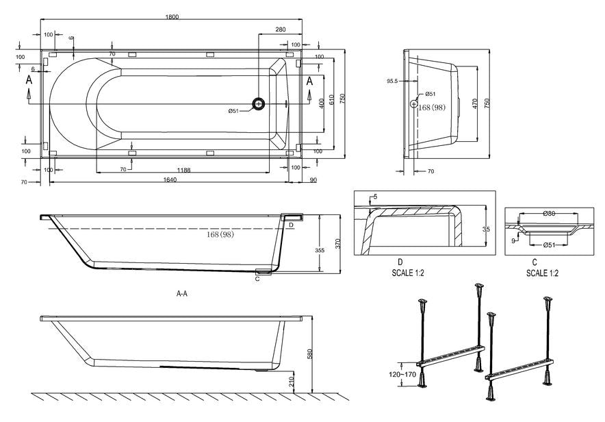 Reuse 1800 x 750 x 370mm Single Ended Bath - White Gloss
