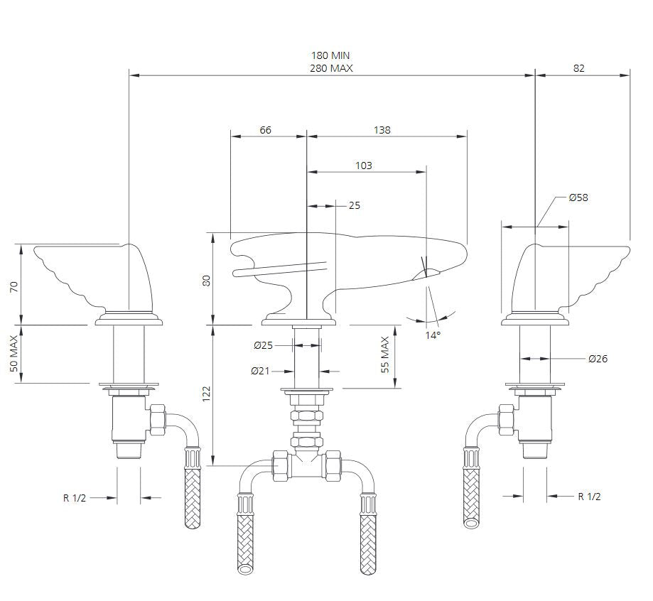 Lefroy Brooks Belle Aire Deck Mounted 3 Hole Lever Handle Basin Mixer (choose finish)