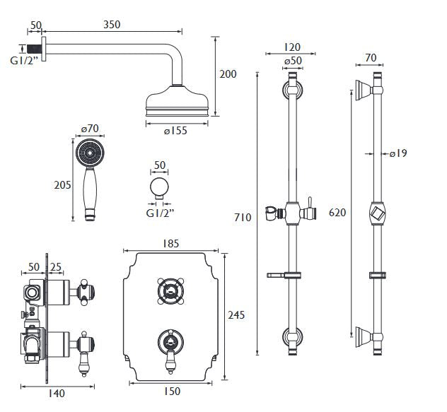 Glastonbury Shower Valve with Diverter + Fixed Head & Adjustable Kit Brushed Nickel