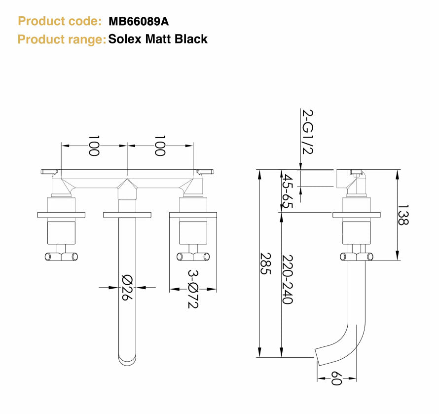 Just Taps Plus Solex Crosshead 3 Hole Wall Mounted Basin Mixer Matt Black