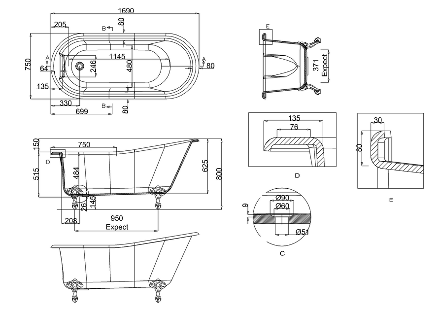 Arcade Bathrooms Stackville Slipper Roll Top Bath 1690x750mm