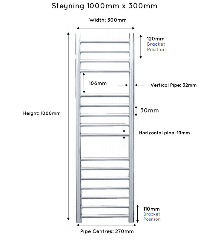 JIS Steyning 1000 x 300mm Stainless Steel Heated Towel Rail