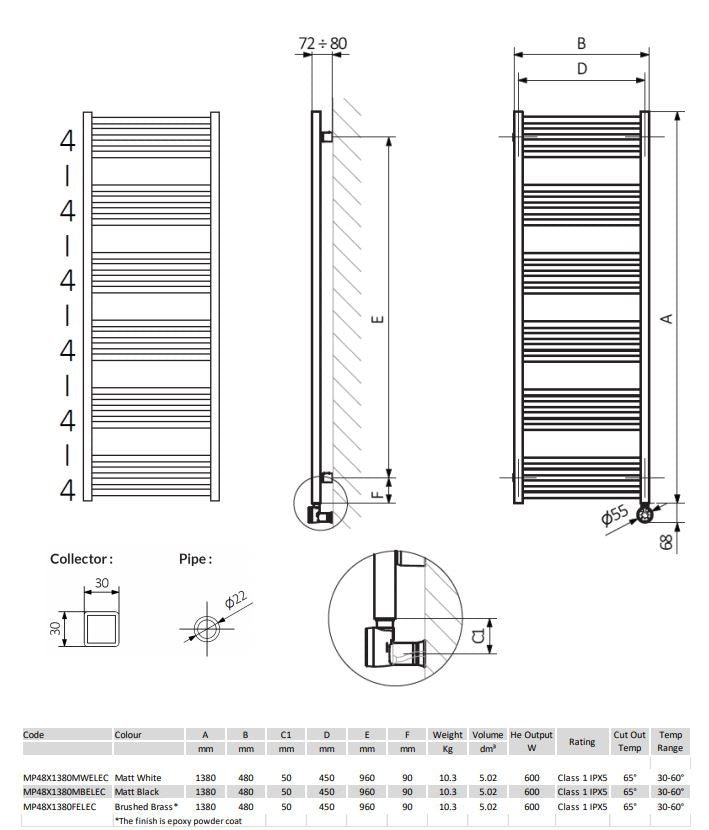 Crosswater MPRO 480 x 1380 mm Electric Towel Warmer
