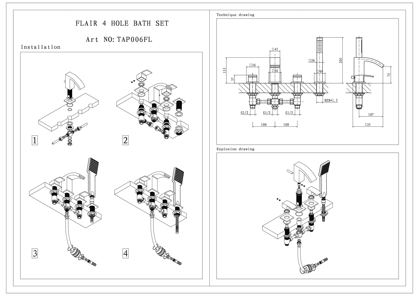 SW6 Flair 4 Hole Bath Shower Mixer