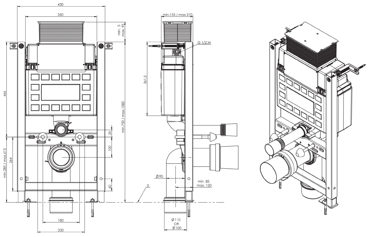 Saneux FLUSHE 820MM universal framed cistern Front/top flush