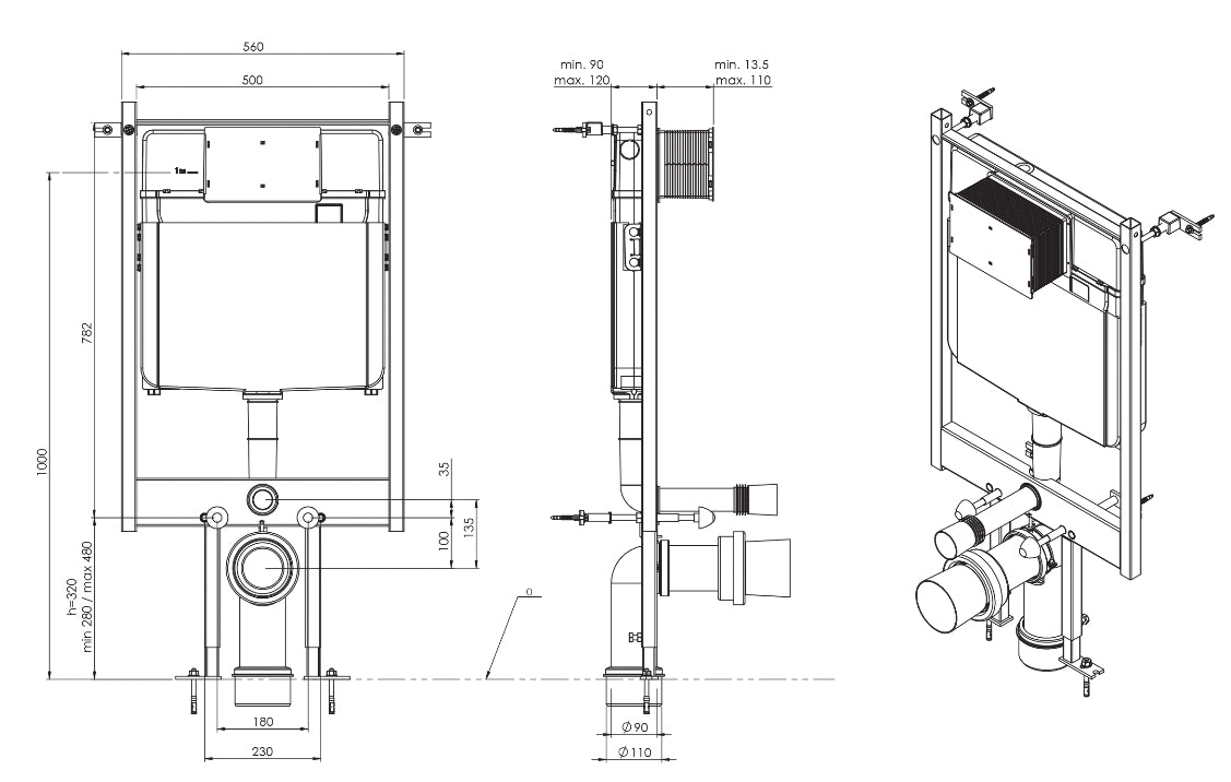 Saneux FLUSHE Ultra slim 80mm/1140mm Universal Framed Cistern