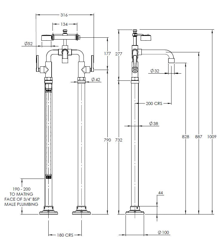 Lefroy Brooks Ten Ten Bath Shower Mixer With Levers On Standpipes - Chrome