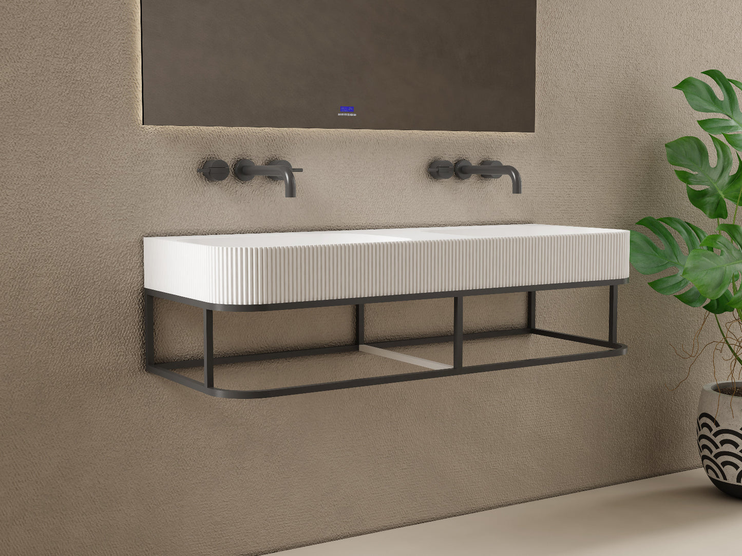 Luxe 1200 Fluted Wall Hung Solid Surface Matt White Basin With Black Matt Frame