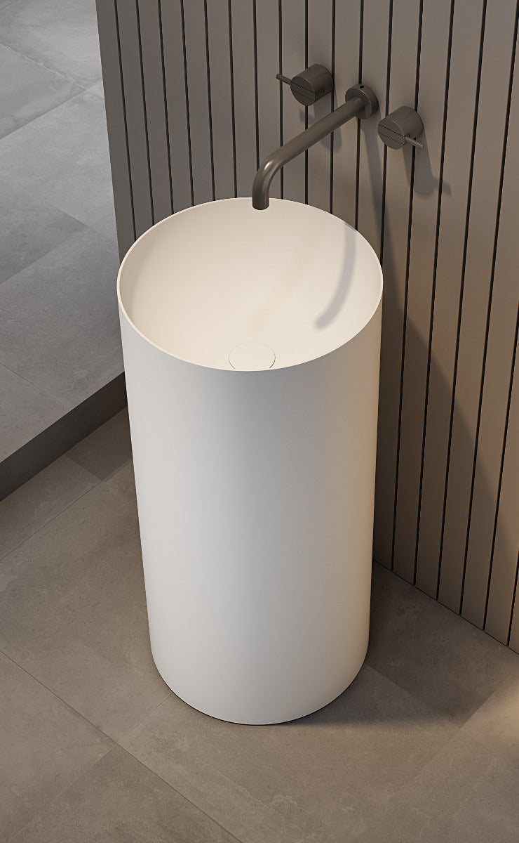 Luxe Designer Round Freestanding Solid Surface Pedestal Basin Matt White