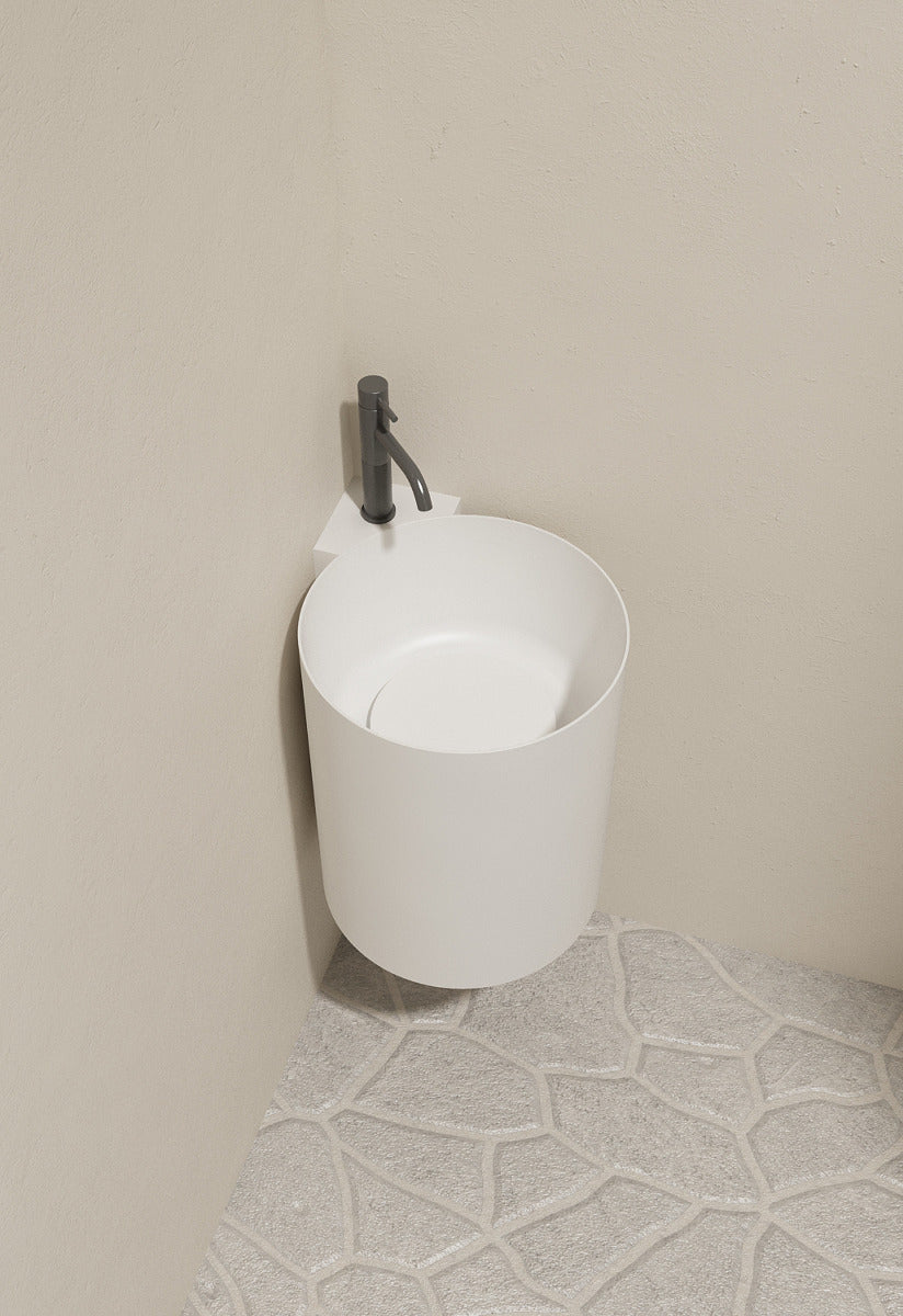 Luxe Round Corner Wall Hung Solid Surface Pedestal Basin Matt White