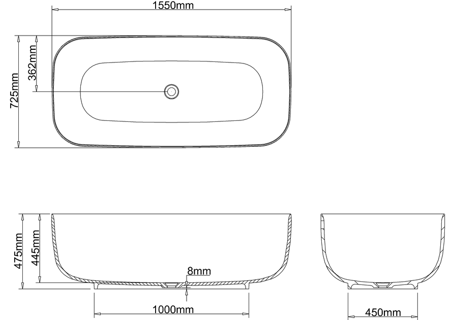 Clearwater Uno 1550 x 725mm ClearStone Double Ended Bath