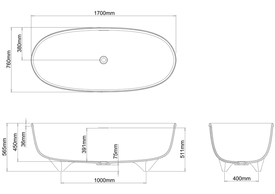 Clearwater Vigore 1700x760mm Free-Standing Double Ended Bath