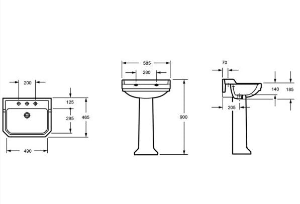Essentials Wyndham Traditional 580mm Basin With Three Tap Holes