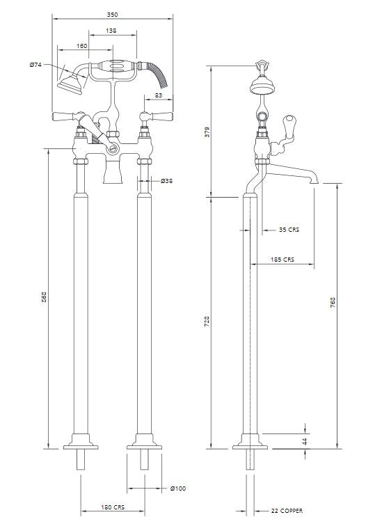Lefroy Brooks Classic Bath Tap & Adjustable Standpipe Sleeves For Rim Mounting - S/Nickel