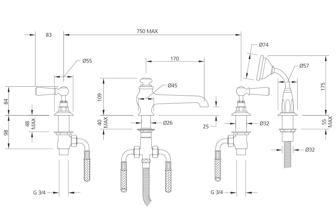 Lefroy Brooks Classic White Lever 4 Hole Bath Shower Set (choose finish)