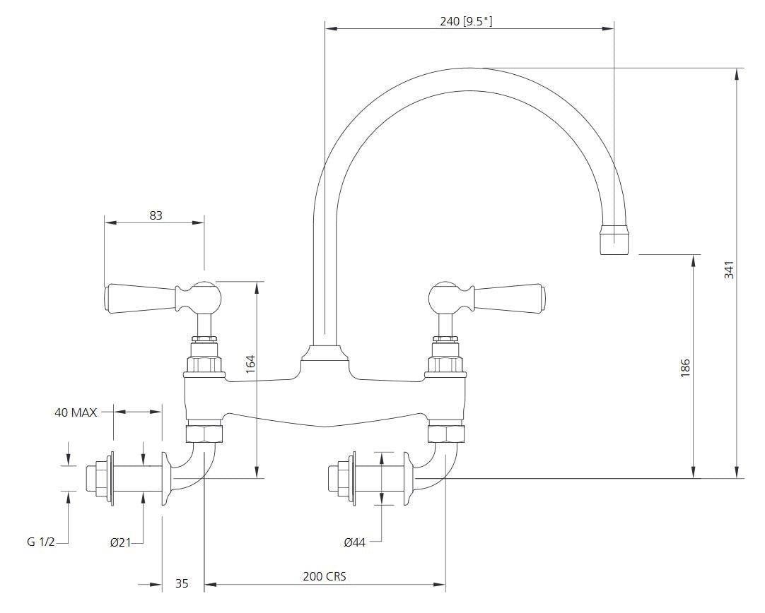 Lefroy Brooks Classic White Lever Wall Mounted Bridge Kitchen Sink Mixer (choose finish)