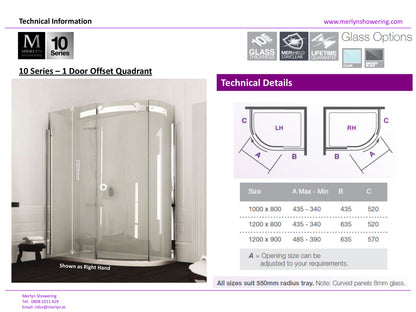 Merlyn 10 Series 1200 x 900mm 1 Door Framless Offset Quadrant Shower Enclosure Smoked Black Glass
