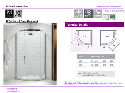 Merlyn 10 Series 900mm 1 Door Framless Quadrant Shower Enclosure Smoked Black Glass