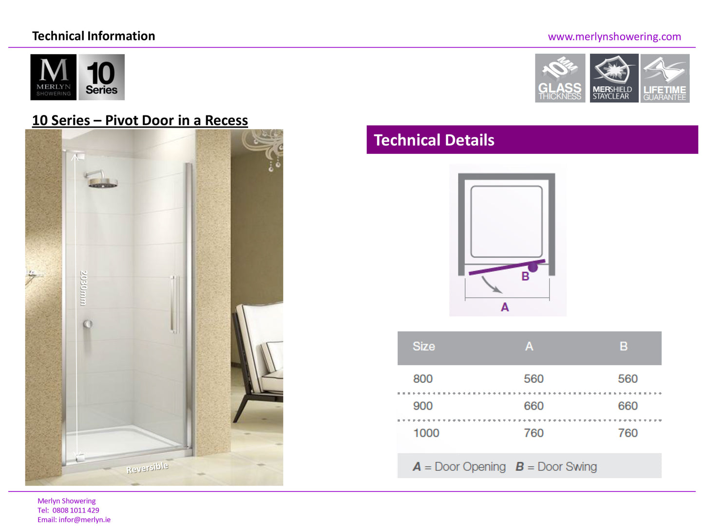 Merlyn 10 Series 900mm Framless Pivot Shower Door