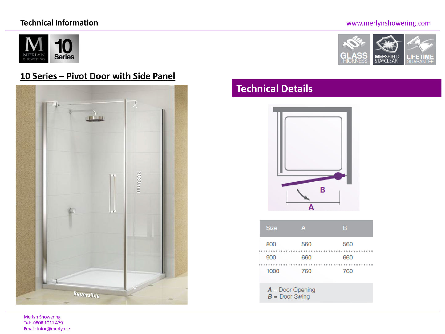 Merlyn 10 Series 900mm Framless Pivot Shower Door