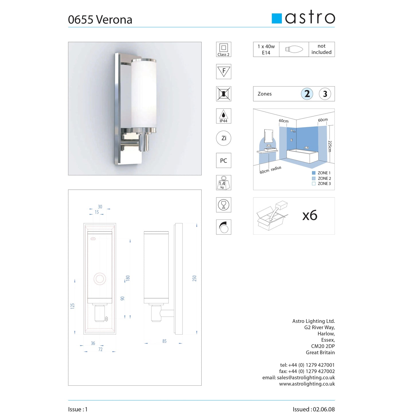Astro Lighting Verona Bathroom Wall Light w/ Glass Diffuser
