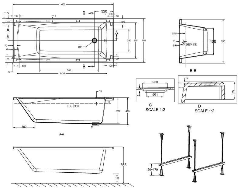 Sustain 1600 x 700 x 415mm Bath in White Gloss Finish