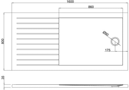 Walk in rectangular (rectangular internal) 1600 x 800 x 35mm