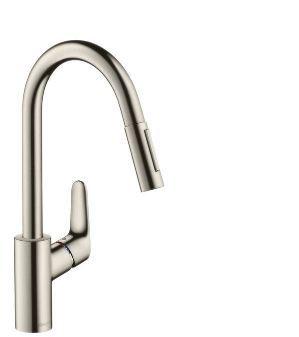 Hansgrohe Focus Single Lever Kitchen Sink Mixer With Pull Out Spray - Stainless Steel-Optic