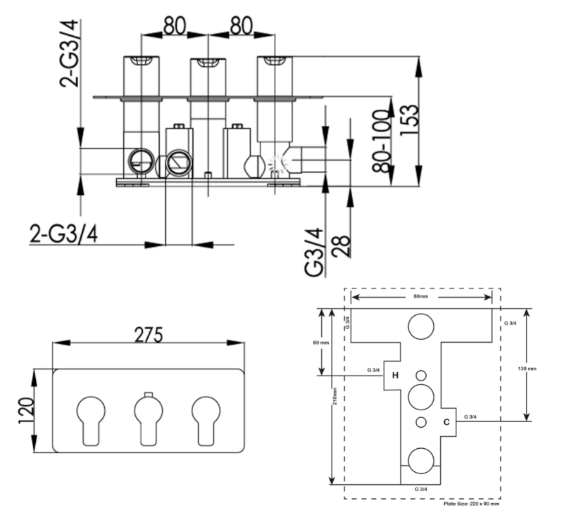 Amore Chrome Thermostatic Concealed 3 Outlet Horizontal Shower Valve