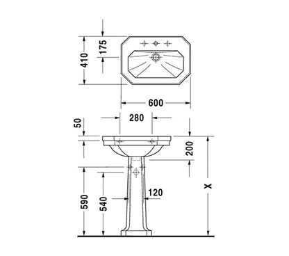 Duravit 1930 Series Basin With Full Pedestal 600mm