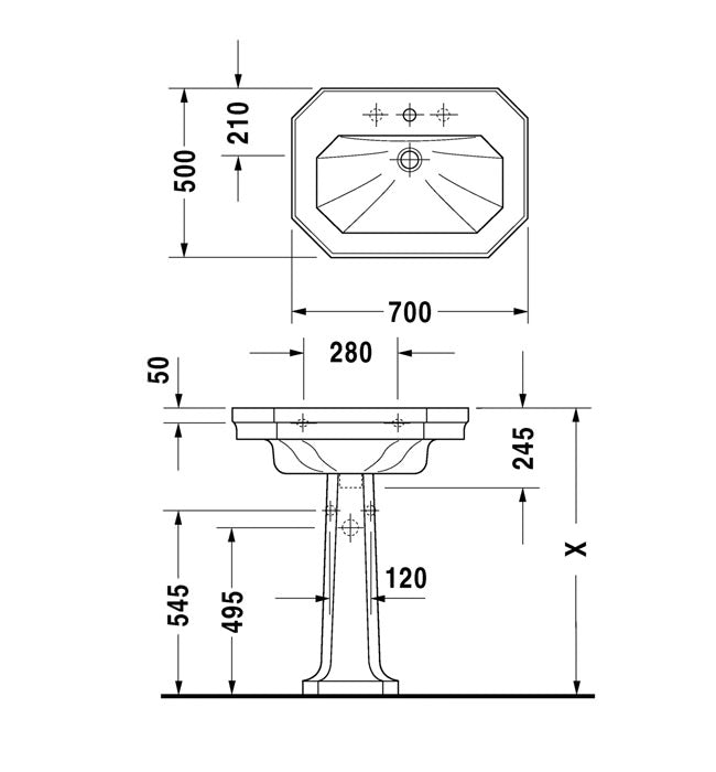 Duravit 1930 Series Basin With Full Pedestal 700mm