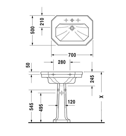 Duravit 1930 Series Basin With Full Pedestal 700mm
