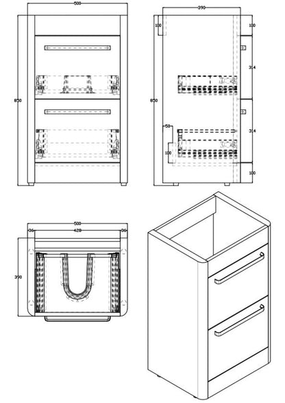 Essentials Suburb 500mm x 395mm Double Drawer Floor Mounted Cabinet Matt Ash