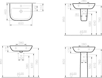 Vitra S20 600 x 460 Wash Basin 1 Tap Hole - White Finish