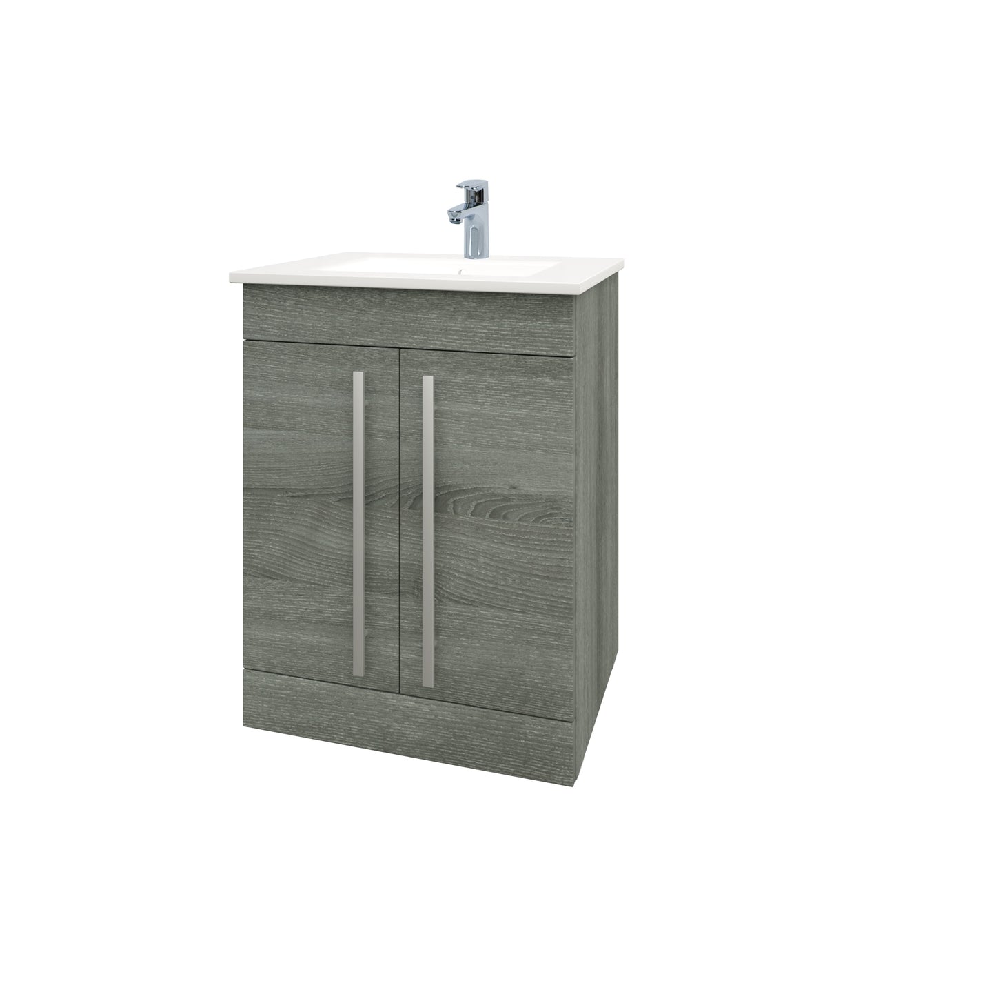 SW6 Purity 600mm Floor Standing 2 Door Unit & Ceramic Basin - Grey Ash