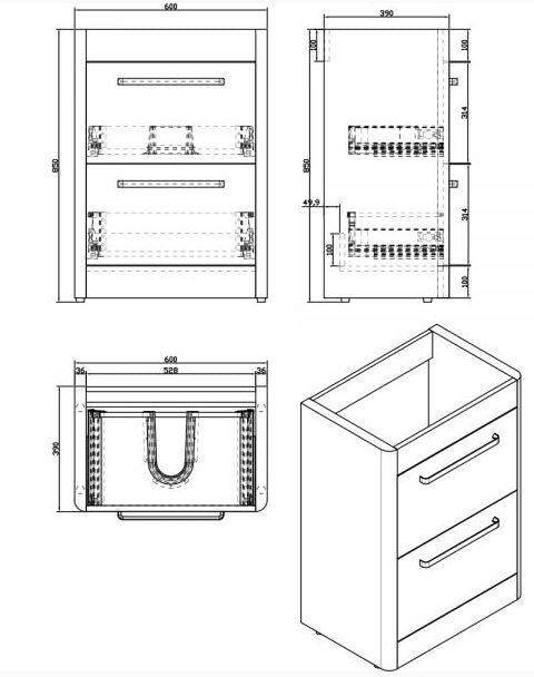 Essentials Suburb 600mm x 395mm Double Drawer Floor Mounted Cabinet Matt Ash