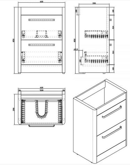 Essentials Suburb 600mm x 395mm Double Drawer Floor Mounted Cabinet Matt Ash