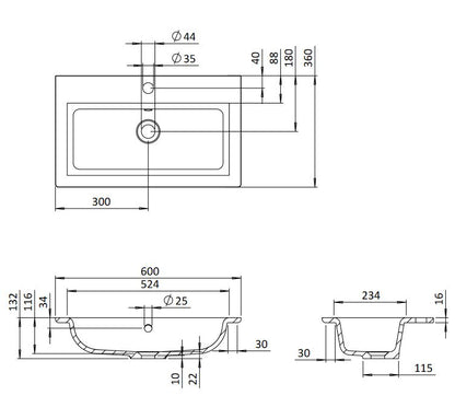 Crosswater Mada 600cm Mineral Marble Basin One Tap Hole