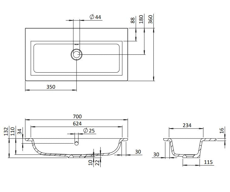 Crosswater Mada 700cm Mineral Marble Basin No Tap Hole