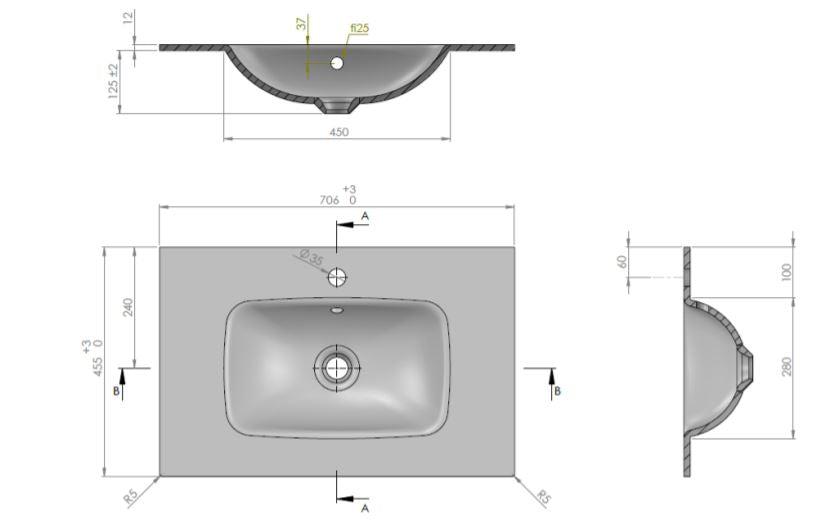 Glide II Ice White Glass Basin No Tap Hole 700mm