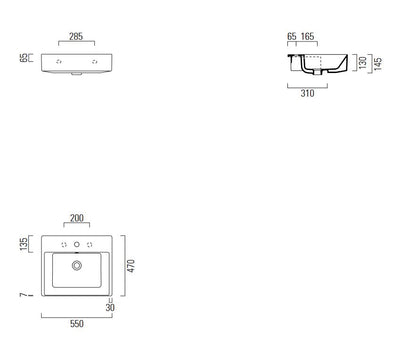 GSI KUBE X 55 Semi-recessed 1TH Basin 550 x 470mm