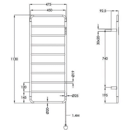 Just Taps Plus Aero Electric Towel Radiator, 1130mm
