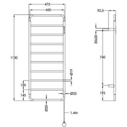 Just Taps Plus Aero Electric Towel Radiator, 1130mm