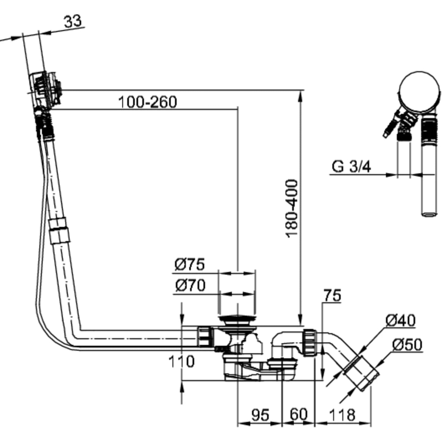 Bette MT5 Multiplex Trio Waste Overflow & Filling Unit Drawing Image