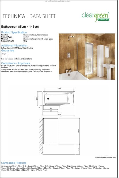 ClearGreen Single Bath Screen 1450 x 850 x 6mm