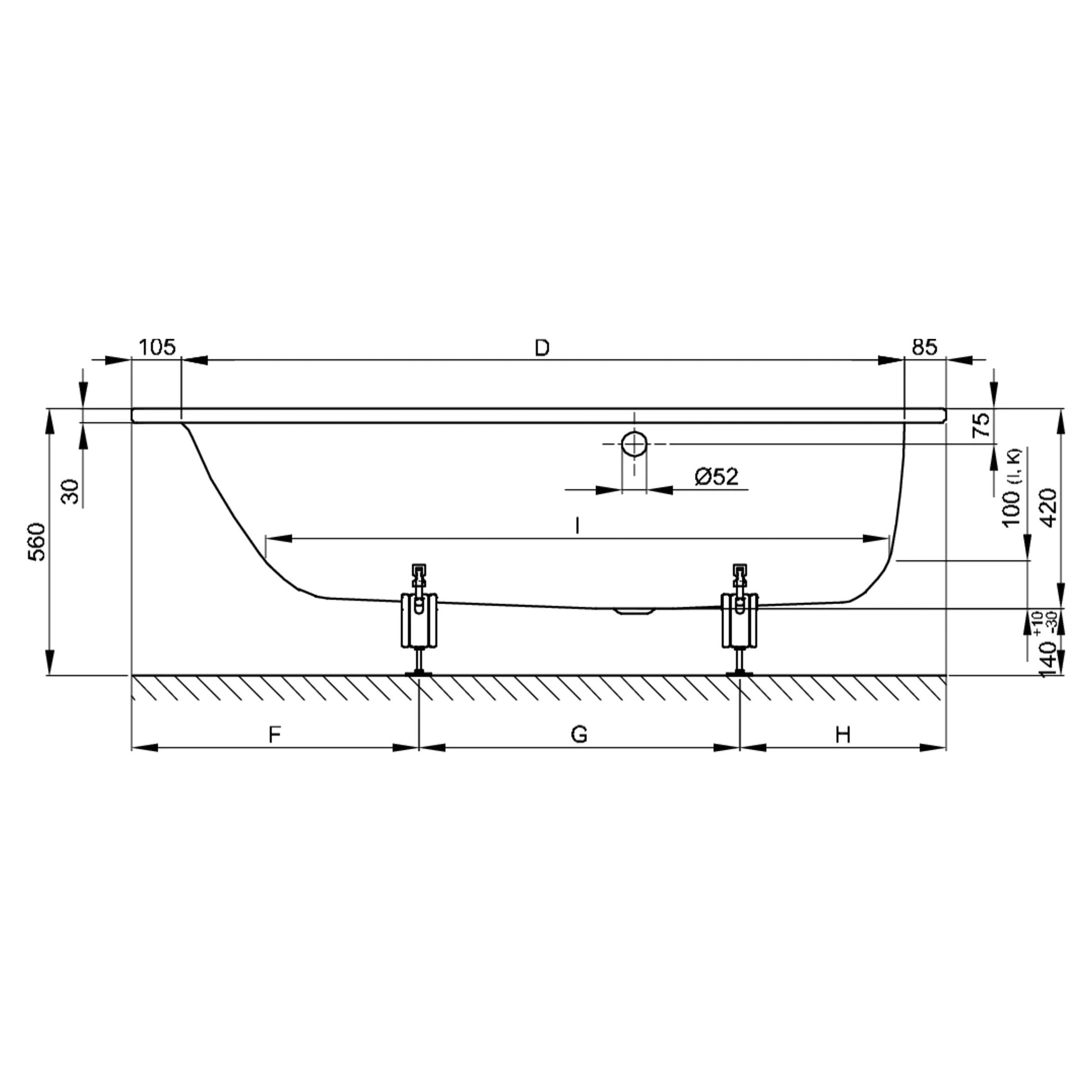 Bette Select Bath with Side Overflow, Drawing