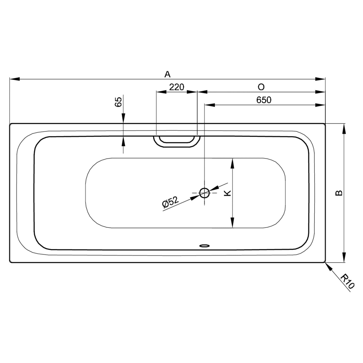 Bette Select Bath with Side Overflow, Drawing