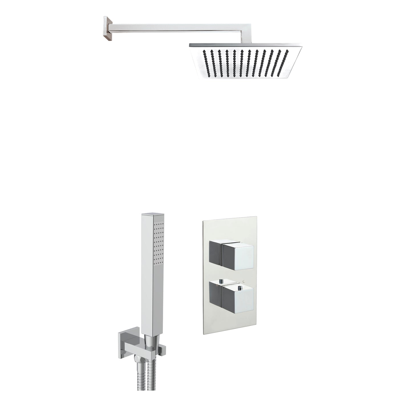 Just Taps Plus Athena 2 Outlets Shower Valve, Square Water Outlet and Holder, Square Shower Arm 400mm, Overhead Shower 200mm x 200mm