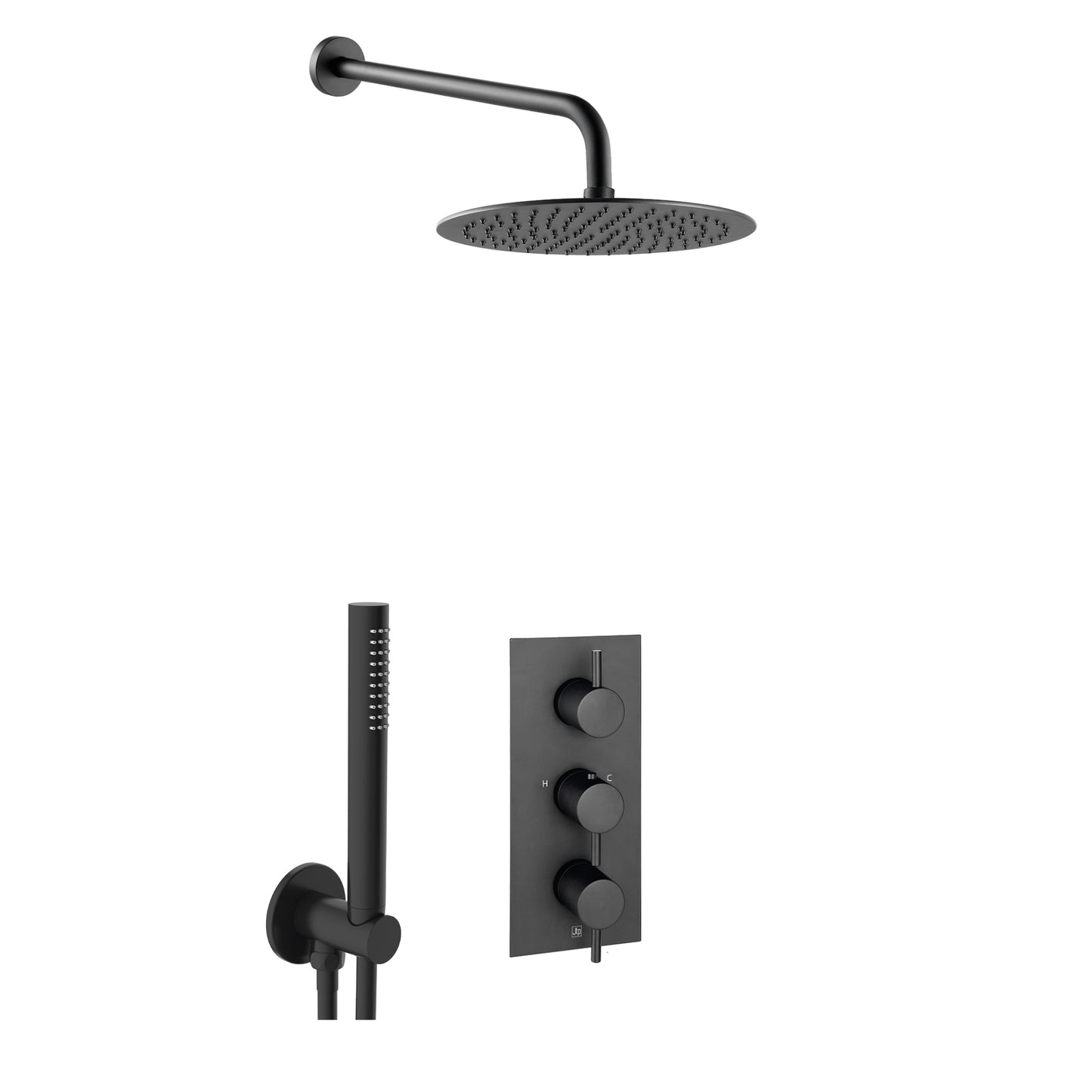Just Taps Plus Vos Matt Black Thermostatic Concealed 2 Outlet Shower Valve with Shower Head & Arm