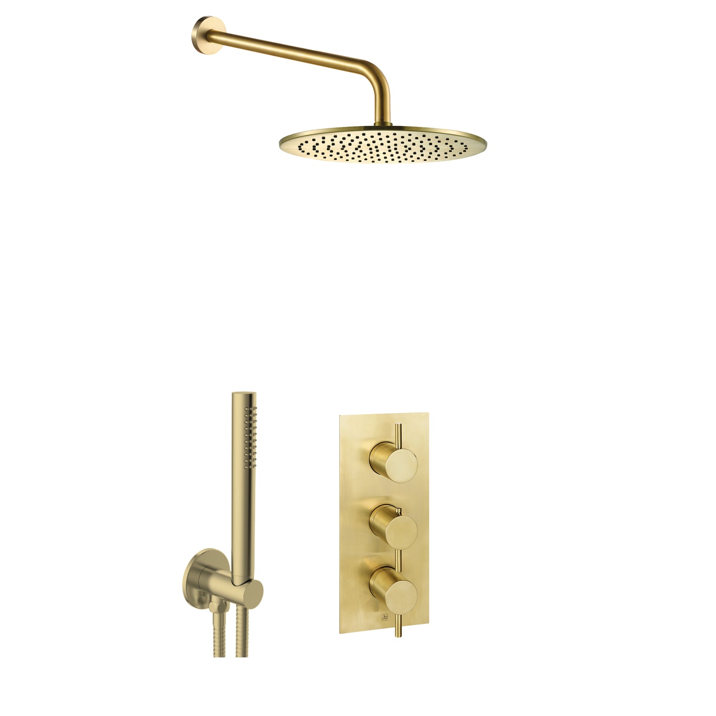 Just Taps Plus Vos Shower Combination 2 Outlet Brushed Brass, Shower Arm 400mm, Overhead Shower 250mm